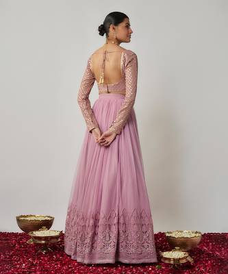 Mauve sequin & thread embroidered net lehenga set 2