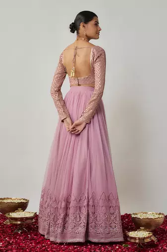 Mauve sequin & thread embroidered net lehenga set