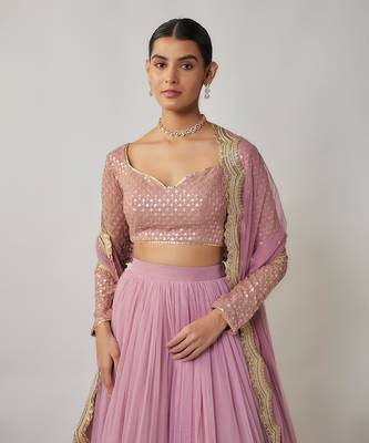 Mauve sequin & thread embroidered net lehenga set 4