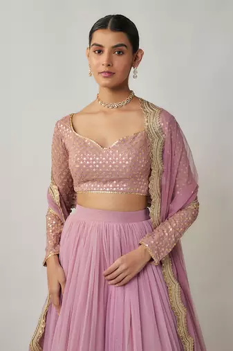 Mauve sequin & thread embroidered net lehenga set