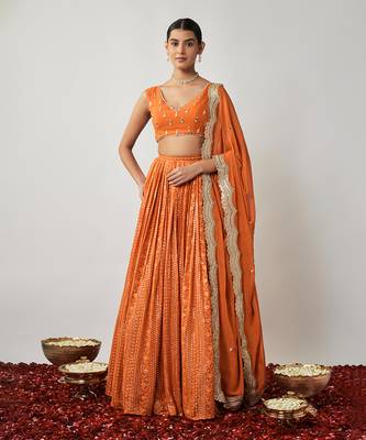 Saffron orange sequin and thread embroidered georgette lehenga set 1