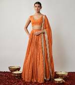 Saffron orange sequin and thread embroidered georgette lehenga set