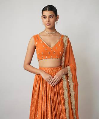 Saffron orange sequin and thread embroidered georgette lehenga set 2