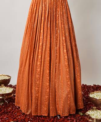 Saffron orange sequin and thread embroidered georgette lehenga set 3