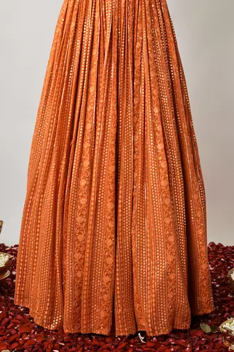 Saffron orange sequin and thread embroidered georgette lehenga set