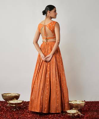 Saffron orange sequin and thread embroidered georgette lehenga set 4