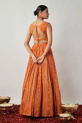 Saffron orange sequin and thread embroidered georgette lehenga set