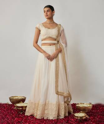 Ivory sequin and thread embroidered floral lehenga set 1