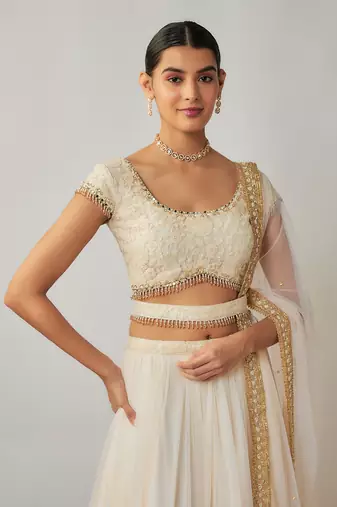 Ivory sequin and thread embroidered floral lehenga set