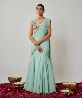 Mint and multicoloured thread embroidered pre-stitched georgette lehenga saree set 1