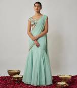 Mint and multicoloured thread embroidered pre-stitched georgette lehenga saree set