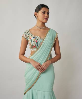 Mint and multicoloured thread embroidered pre-stitched georgette lehenga saree set 2
