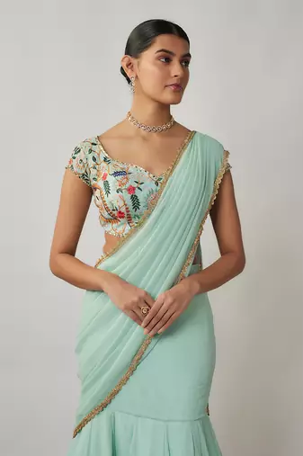 Mint and multicoloured thread embroidered pre-stitched georgette lehenga saree set