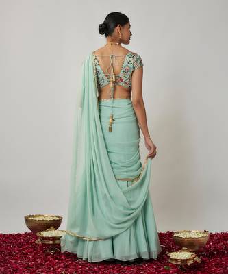 Mint and multicoloured thread embroidered pre-stitched georgette lehenga saree set 3