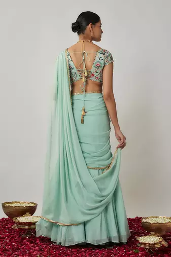 Mint and multicoloured thread embroidered pre-stitched georgette lehenga saree set