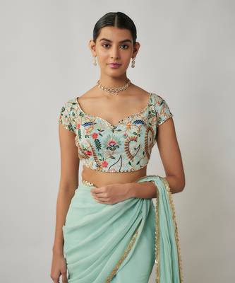 Mint and multicoloured thread embroidered pre-stitched georgette lehenga saree set 4