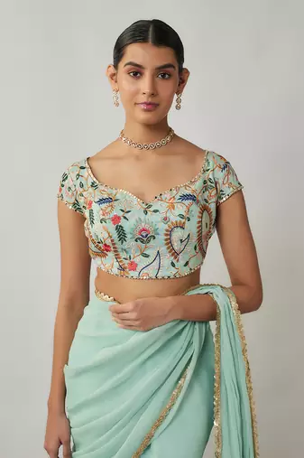 Mint and multicoloured thread embroidered pre-stitched georgette lehenga saree set