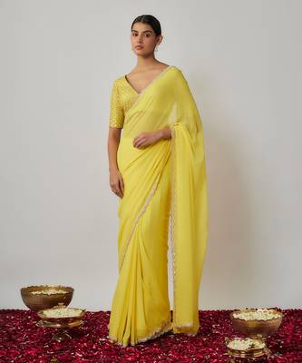 Lemon yellow sequin and zari embroidered georgette saree set 1