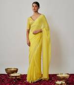 Lemon yellow sequin and zari embroidered georgette saree set
