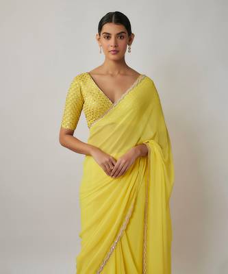 Lemon yellow sequin and zari embroidered georgette saree set 2