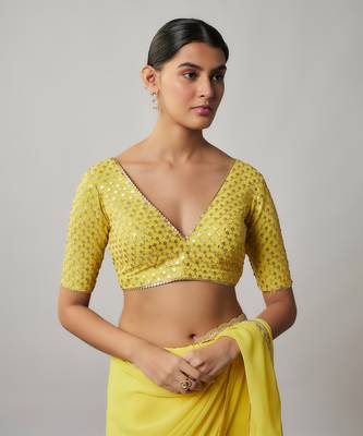 Lemon yellow sequin and zari embroidered georgette saree set 3