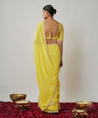 Lemon yellow sequin and zari embroidered georgette saree set 4