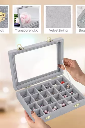 Atorakushon t.p 24 removable grid slot compartment jewellery ring earring storage box gery
