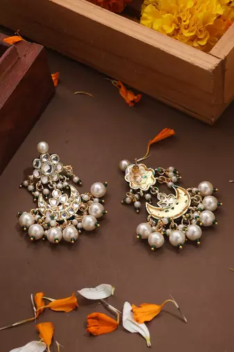 Kundan Chandbali Earrings with Pearl Drops