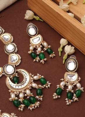 Kundan long necklace set with green beads 2