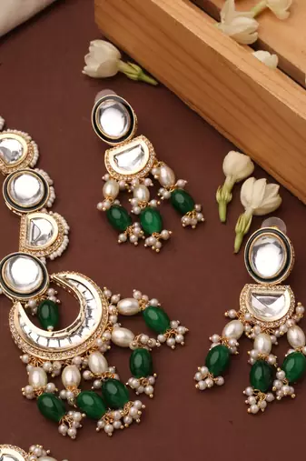 Kundan long necklace set with green beads