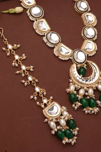 Kundan long necklace set with green beads