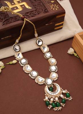Kundan long necklace set with green beads 4