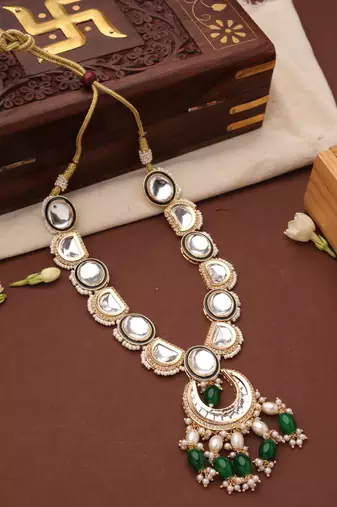 Kundan long necklace set with green beads