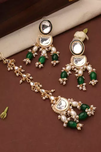 Kundan long necklace set with green beads