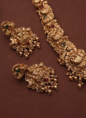 Statement Temple Necklace Set with Laxmi Motif Pendant 2
