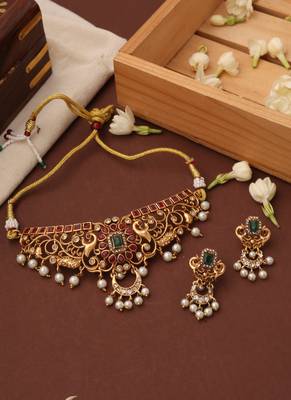 Gold plated red stone studded choker set 1