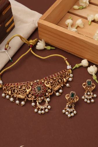 Gold plated red stone studded choker set