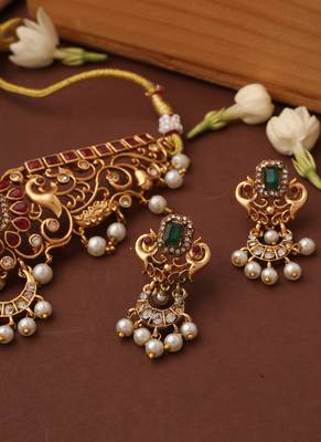 Gold plated red stone studded choker set 2