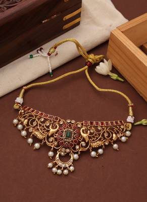 Gold plated red stone studded choker set 3