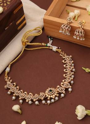 Gold plated american diamond peacock motif necklace set 1