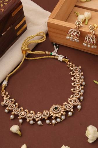 Gold plated american diamond peacock motif necklace set