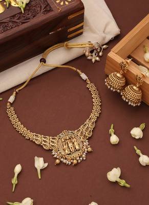 Gold Plated Temple Jewelry Necklace Set with Goddess Motif 1