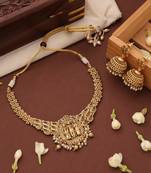 Gold Plated Temple Jewelry Necklace Set with Goddess Motif