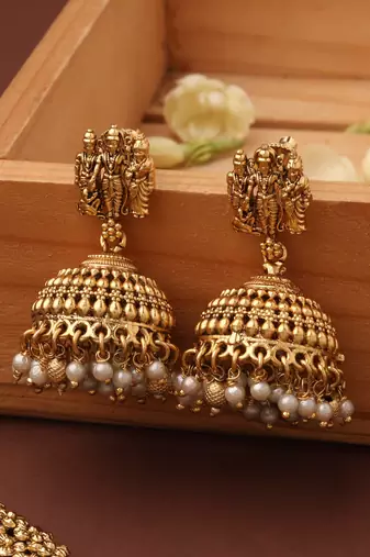 Gold Plated Temple Jewelry Necklace Set with Goddess Motif
