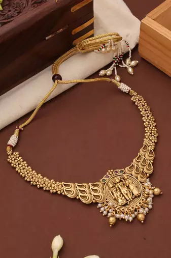 Gold Plated Temple Jewelry Necklace Set with Goddess Motif
