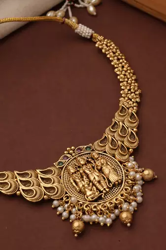 Gold Plated Temple Jewelry Necklace Set with Goddess Motif