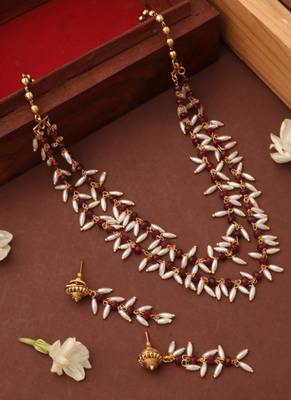 Rice Pearl Necklace with Red Beads 1