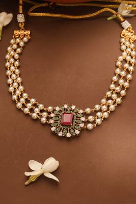 Pearl Choker with American Diamond Pendant 1
