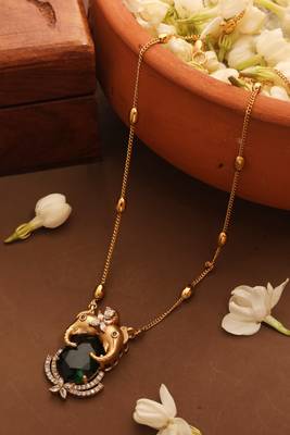 Gold Plated Chain with Emerald Stone Pendant and Elephant Carving 2