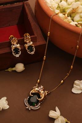 Gold Plated Chain with Emerald Stone Pendant and Elephant Carving 1